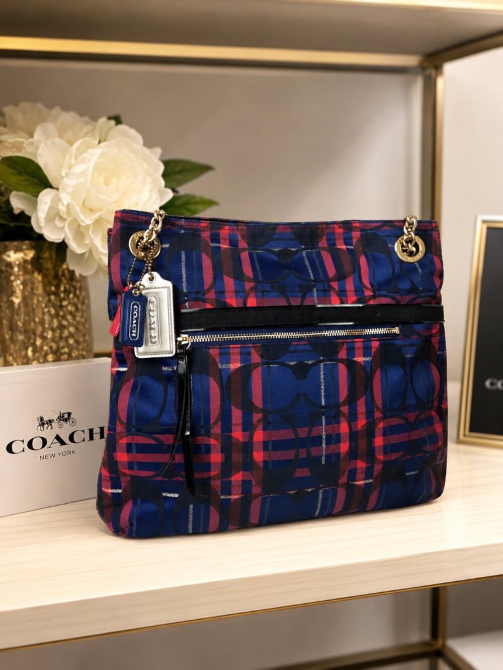 Coach Navy & Red Signature Plaid Denim Tote Bag